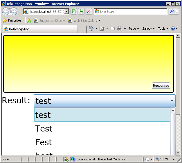 Application within awebpagewith recognized text in result drop-down list