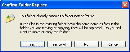 zrzut ekranu przedstawiający okno dialogowe potwierdzania zastąpienia folderu 