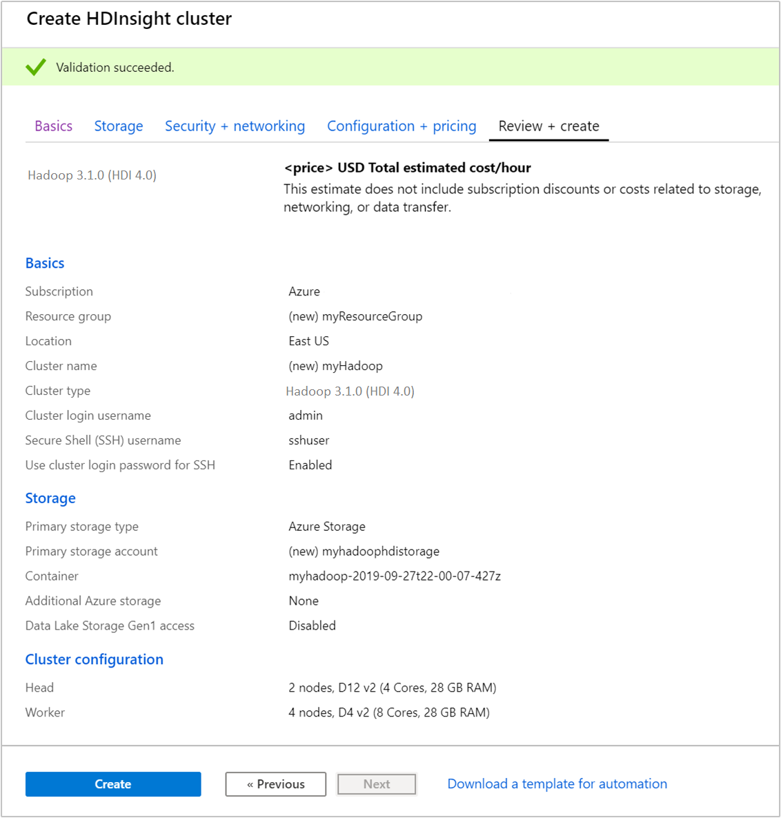 Captura de tela que mostra o resumo do cluster de introdução ao HDInsight Linux.