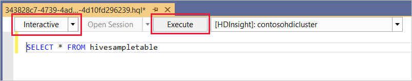 Modo interativo, Consulta ad-hoc do Hive, Cluster do HDInsight, Visual Studio.