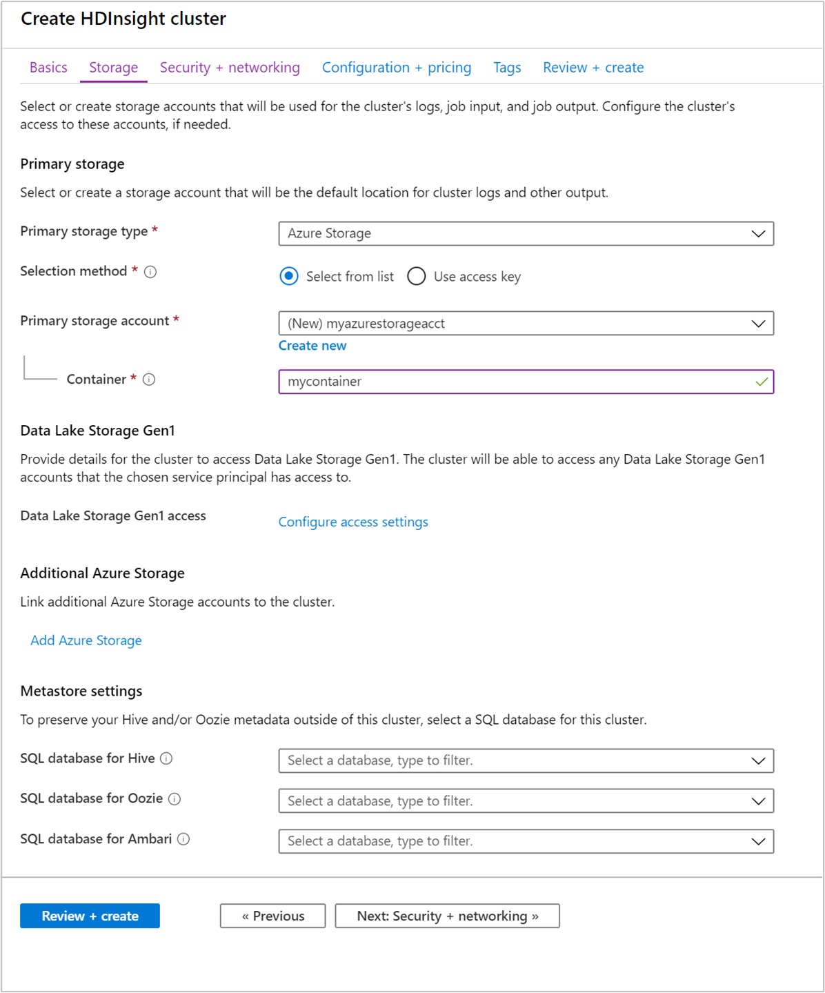 Configurações de armazenamento de cluster: pontos de extremidade compatíveis com HDFS.