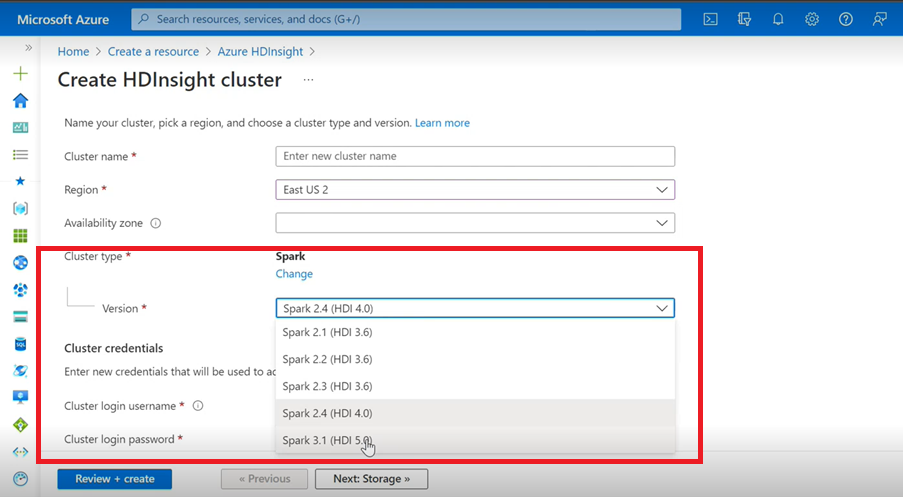 Captura de tela do Spark 3.1 para HDI 5.0.