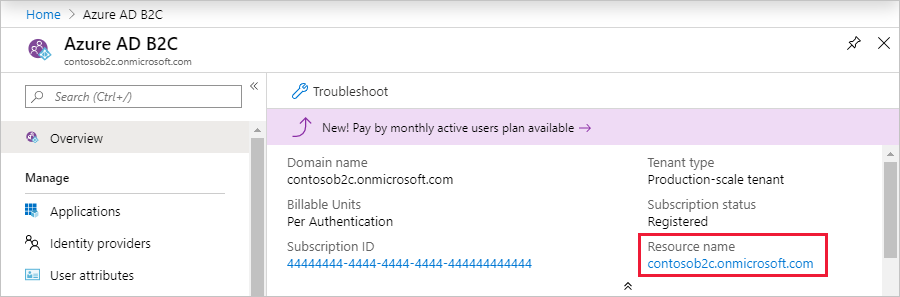 Captura de tela que mostra como selecionar o recurso do Azure AD B2C no portal do Azure.