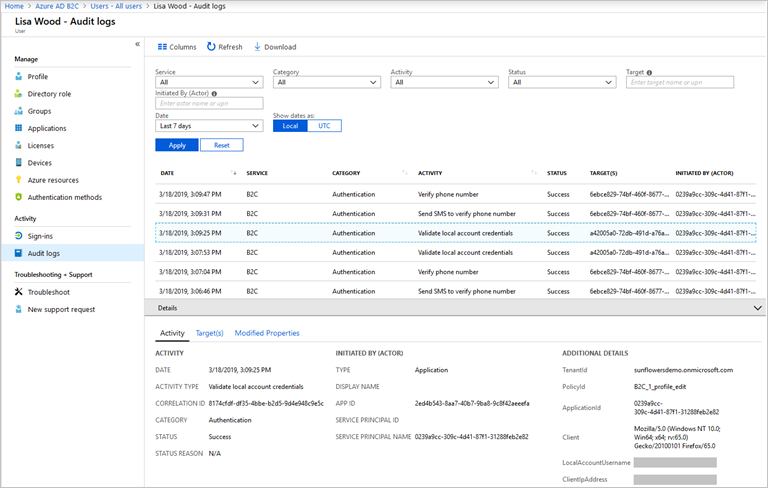 Log de auditoria de usuário individual mostrado no portal do Azure.