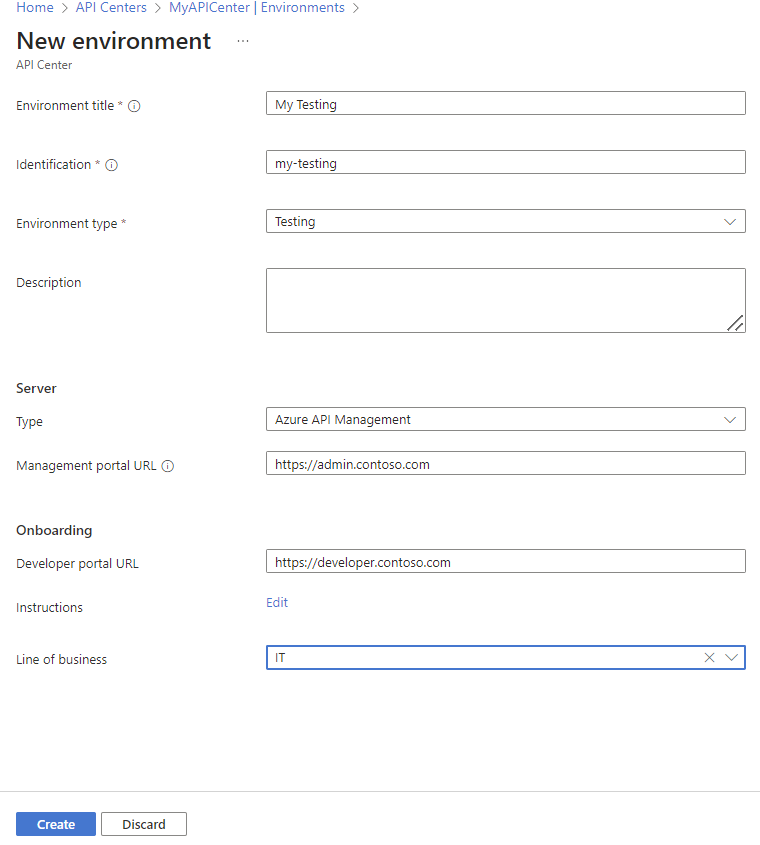 Captura de tela da adição de um ambiente de API no portal.