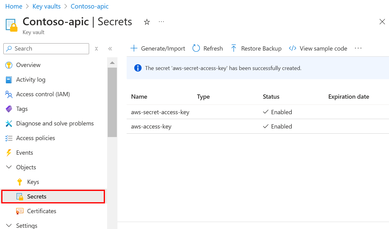 Captura de tela da lista de segredos do Azure Key Vault no portal.