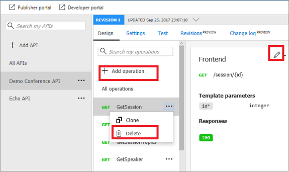 Captura de tela que realça o processo de edição de uma API no Gerenciamento de API.