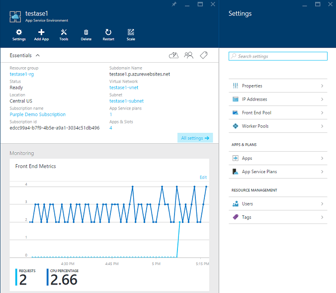 Interface do usuário para monitorar e gerenciar seu Ambiente de Serviço de Aplicativo