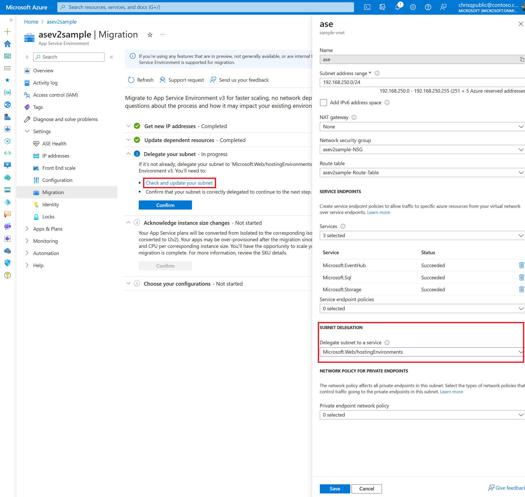 Captura de tela que mostra a delegação de sub-rede no portal.