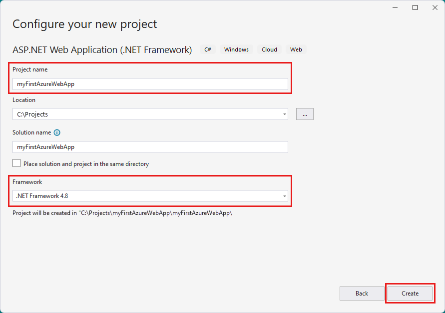 Captura de tela de Configure o projeto de aplicativo Web.