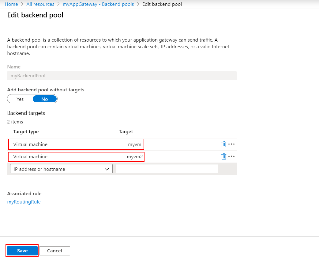 Captura de tela da adição de servidores de back-end.