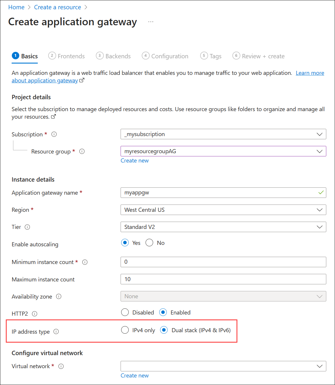 Uma captura de tela da criação de um novo gateway de aplicativo: noções básicas.