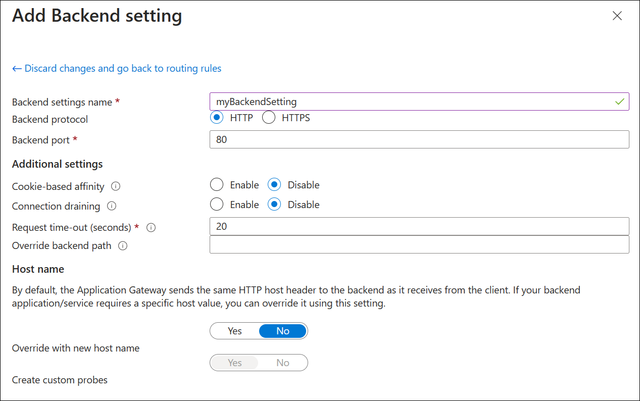 Uma captura de tela da criação de um novo gateway de aplicativo: configuração de back-end.