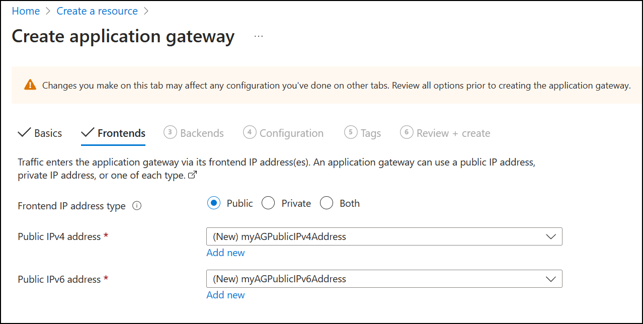 Uma captura de tela da criação de um novo gateway de aplicativo: front-ends.