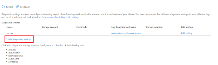 Captura de tela mostrando a seleção Adicionar configuração de diagnóstico.