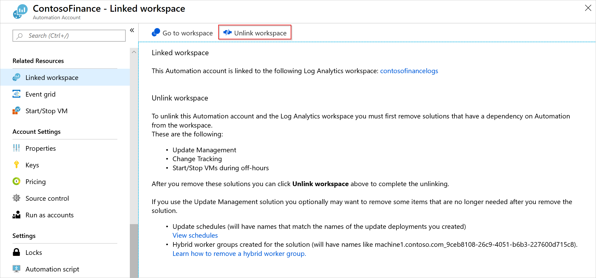 Captura de tela de desvincular um workspace de uma conta de Automação