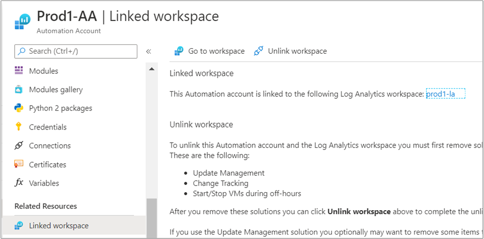 Conta de Automação vinculada ao workspace do Log Analytics