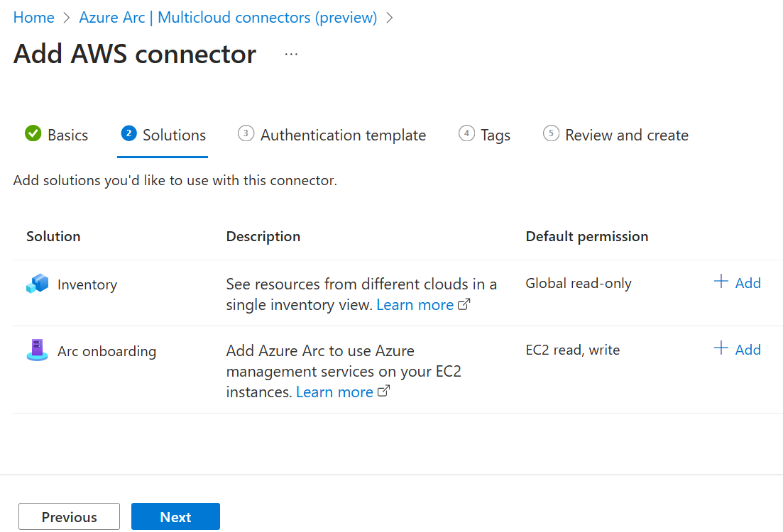 Captura de tela mostrando as Soluções para o conector AWS no portal do Azure.