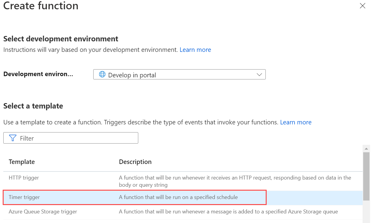 Captura de tela da seleção da página de gatilho do temporizador no portal do Azure.