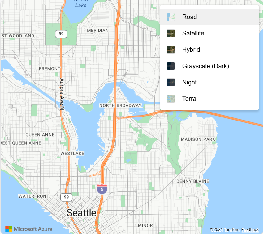 Captura de tela mostrando um mapa com o controle Seletor de estilos com a propriedade de layout definida como lista.