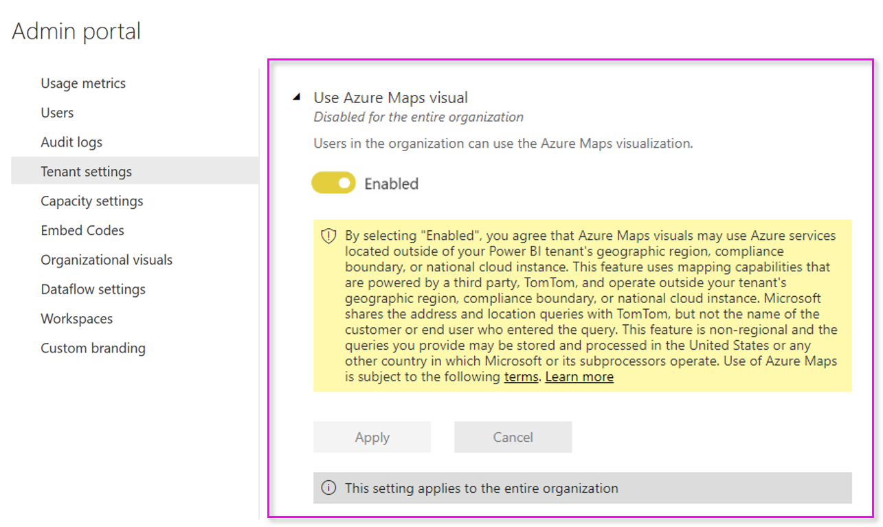 Portal de administrador do Power BI mostrando as configurações de locatário para o visual do Azure Mapas.