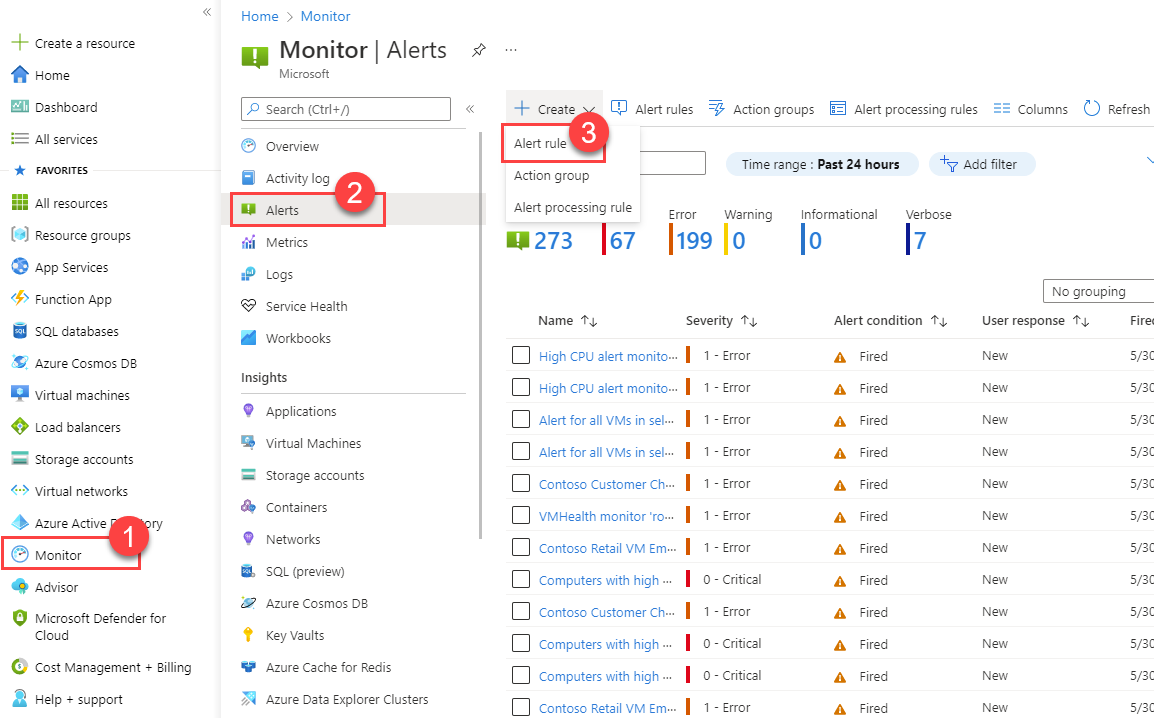 Captura de tela que mostra as etapas para criar uma regra de alerta na página inicial do portal.