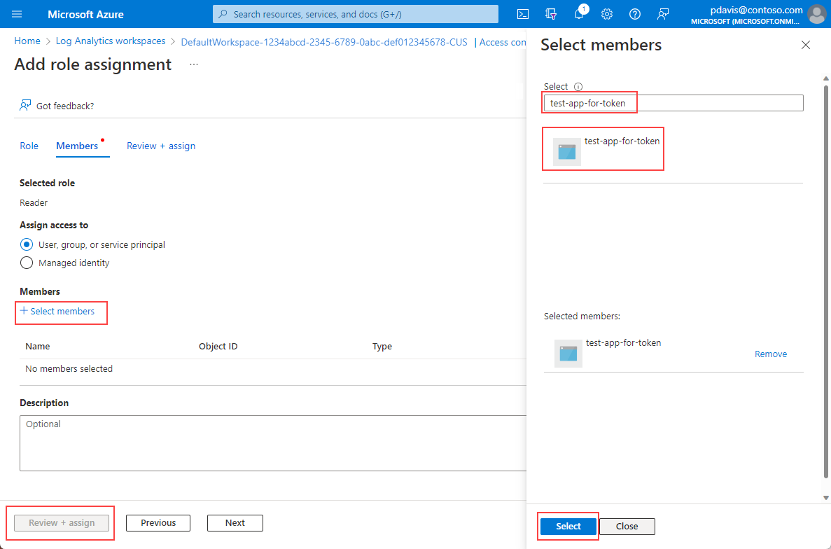 Captura de tela do painel Selecionar membros na página Adicionar atribuição de função para um workspace do Log Analytics.