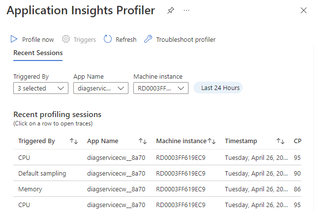 Captura de tela que mostra recursos e configurações da página do Profiler.