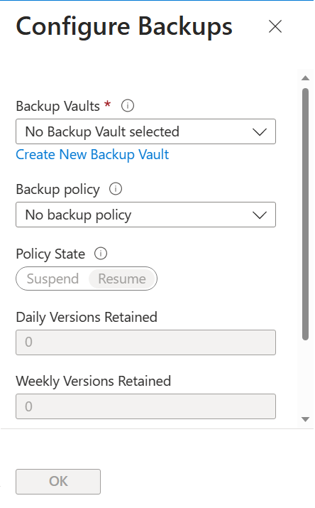 Captura de tela que mostra a configuração Habilitado da janela Configurar Backups.