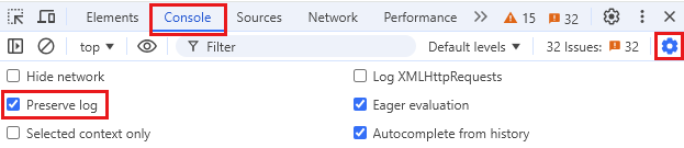 Captura de tela que realça a opção “Preservar log” na guia “Console” do Chrome.