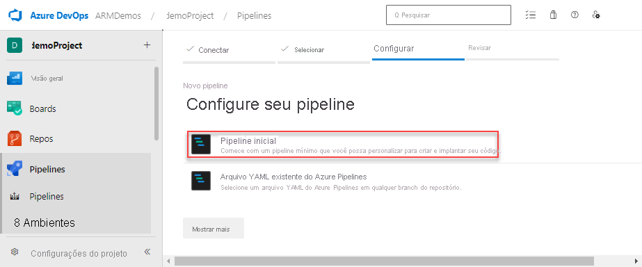 Captura de tela da seleção de pipeline.