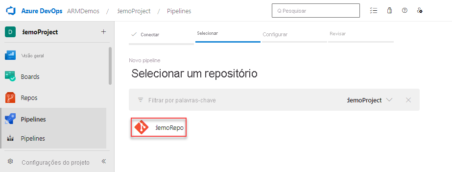 Captura de tela da seleção de repositório.