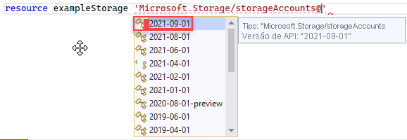 Captura de tela da seleção da versão da API para o tipo de recurso.