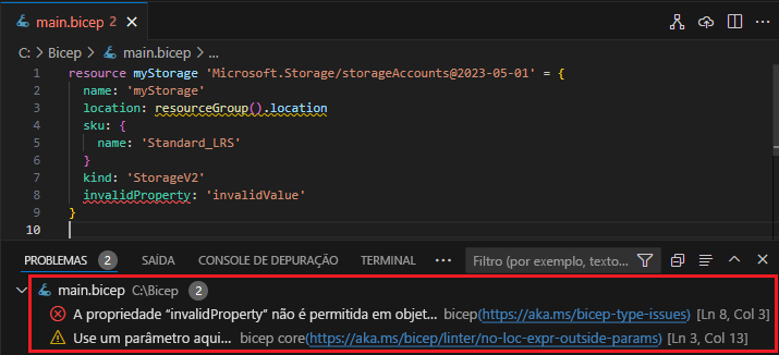 Captura de tela do painel de problemas Bicep do Visual Studio Code.