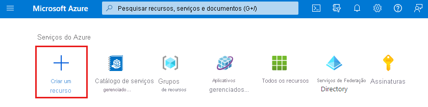 Captura de tela da página inicial do Azure com Criar um recurso realçado.