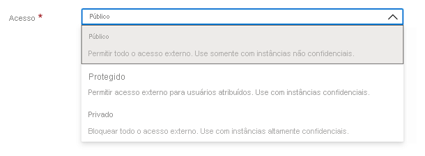 Captura de tela do elemento de interface do usuário do Microsoft.Common.DropDown com uma única seleção e descrições de itens.