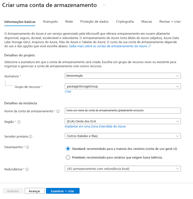 Captura de tela da guia Noções básicas no formulário do Azure para criar uma conta de armazenamento.