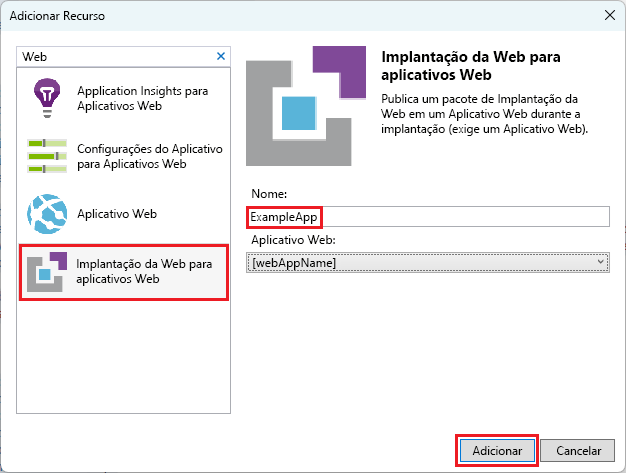 Captura de tela da janela Adicionar novo recurso com a opção Implantação da Web para aplicativos Web selecionada.