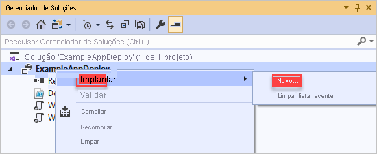 Captura de tela do menu de contexto do projeto de implantação com as opções Implantar e Novo destacadas.