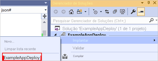 Captura de tela do menu de contexto do projeto de implantação com Implantar e o grupo de recursos utilizado anteriormente destacados.
