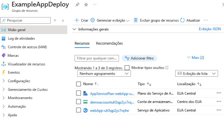 Captura de tela do portal do Microsoft Azure exibindo os recursos implantados em um grupo de recursos.