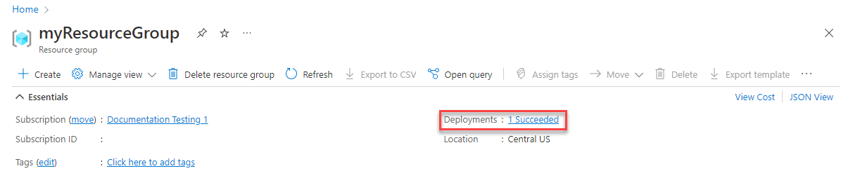 Captura de tela do portal do Azure mostrando o status da implantação na seção Essentials do grupo de recursos.