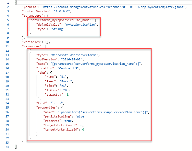 Captura de tela do código JSON do modelo exportado no portal do Azure.