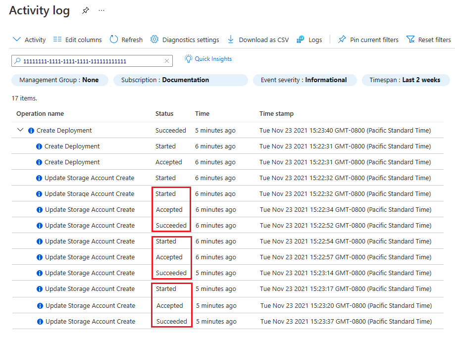 Captura de tela do log de atividades do portal do Azure exibindo três contas de armazenamento implantadas em ordem sequencial, com seus carimbos de data/hora e status.