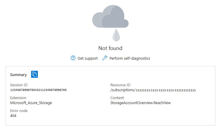 Captura de tela do portal do Azure mostrando um recurso excluído com uma mensagem de erro 'Não encontrado' na seção Visão geral do recurso.