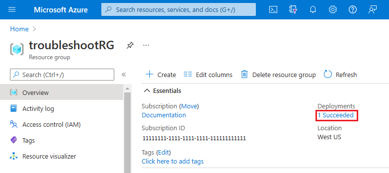 Captura de tela do portal do Azure destacando o link para o histórico de implantação de um grupo de recursos na seção Visão geral.