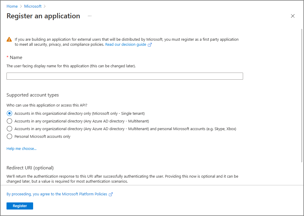 Captura de tela do painel para registrar um aplicativo.