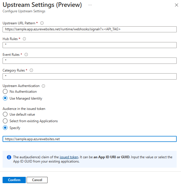 Captura de tela das configurações upstream do Serviço do Azure SignalR.