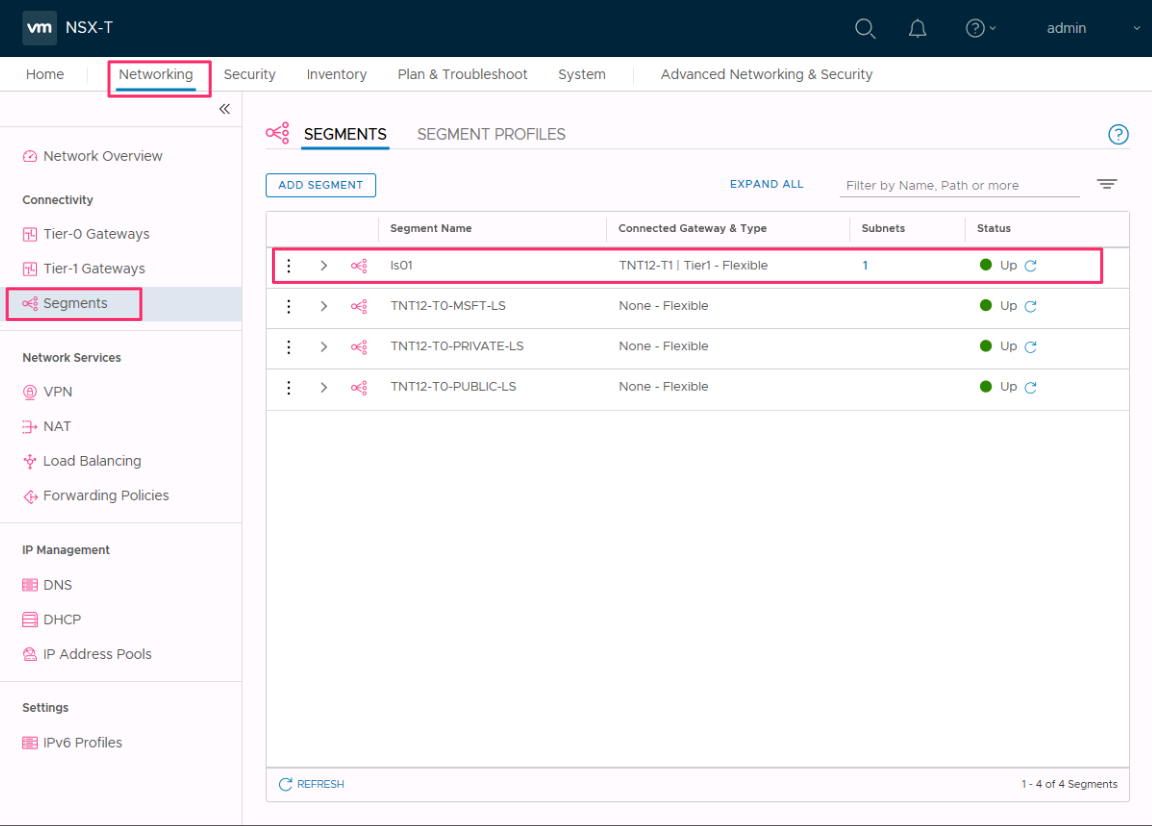 Captura de tela mostra que a confirmação e o status do novo segmento de rede estão presentes no NSX.