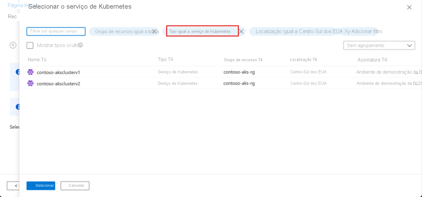 Captura de tela mostrando seleção de parâmetro Serviço de Kubernetes.